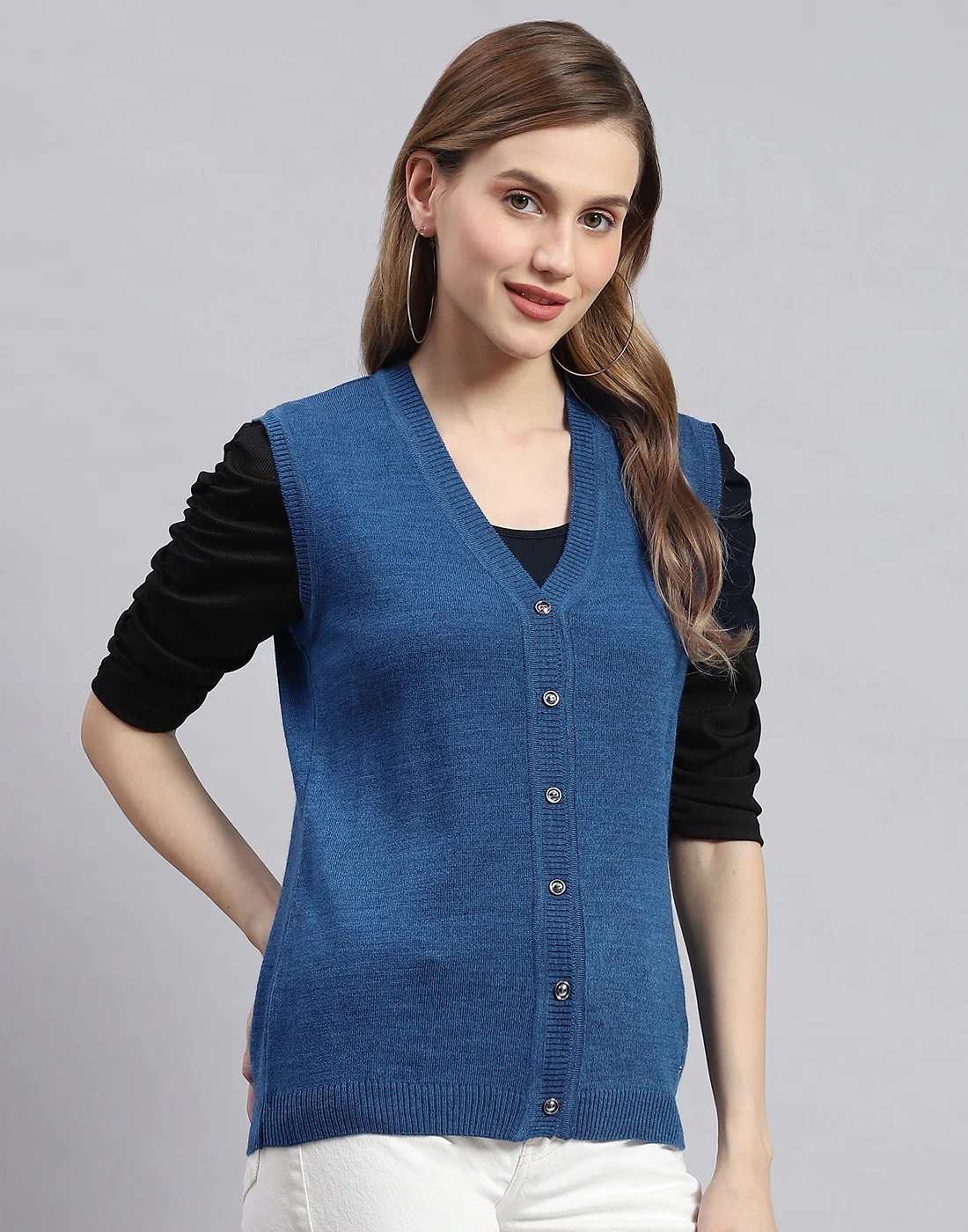 Women Blue Solid V Neck Sleeveless Cardigans - Image 3