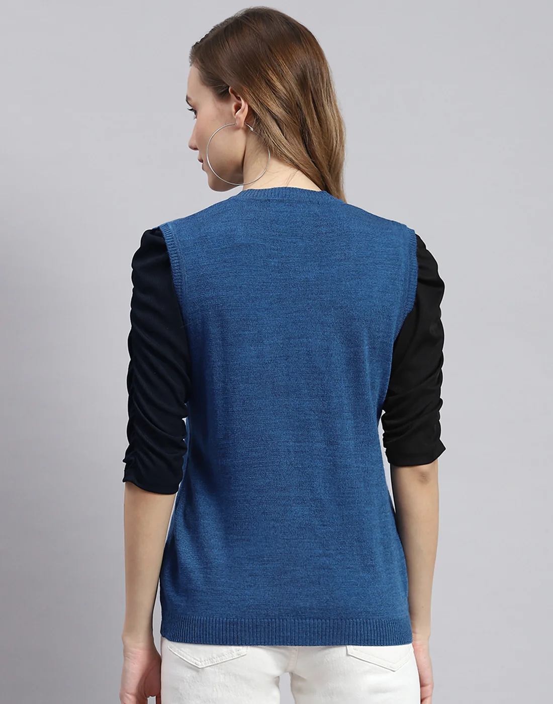 Women Blue Solid V Neck Sleeveless Cardigans - Image 4