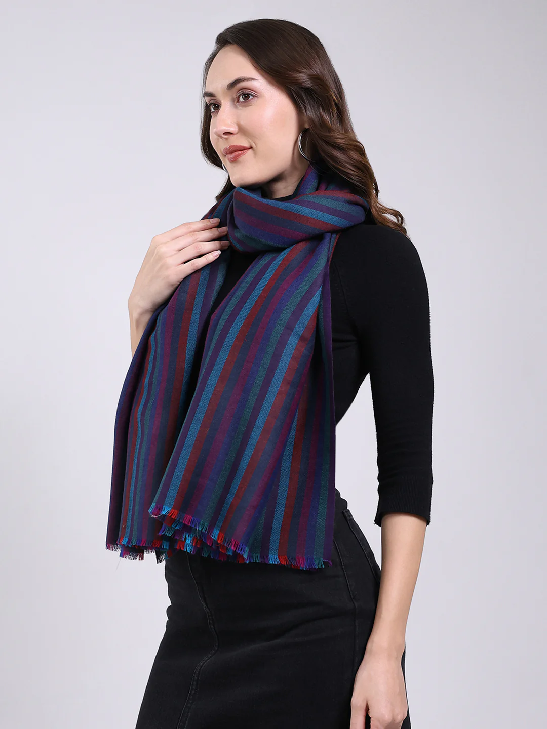 Women Blue Solid Wool Blend Shawl - Image 3
