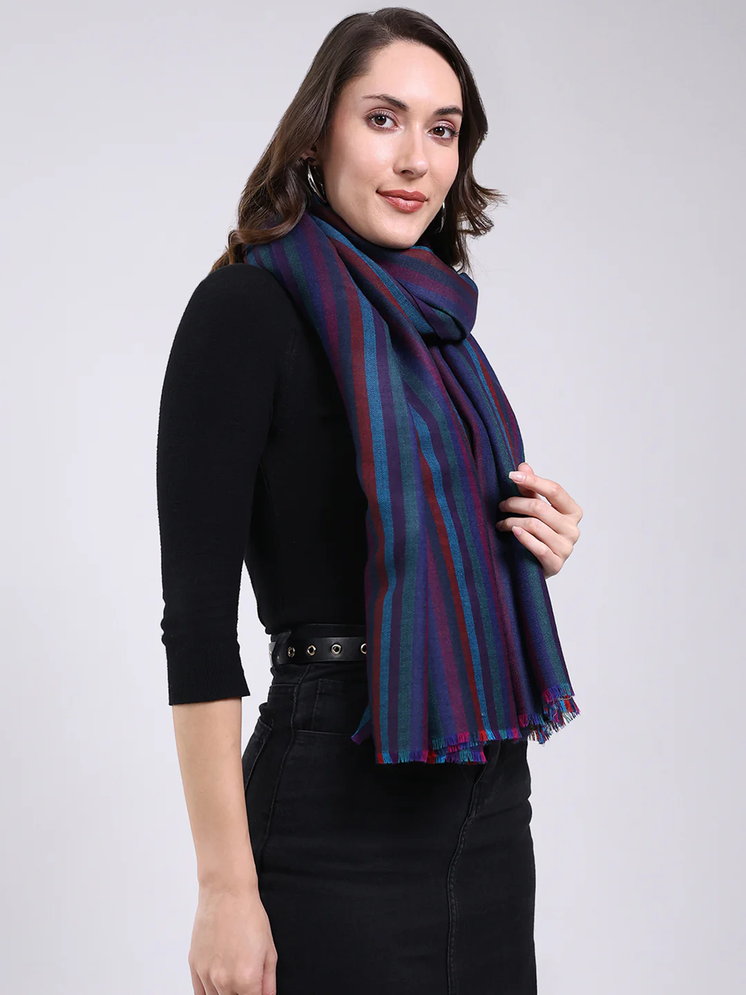 Women Blue Solid Wool Blend Shawl - Image 4