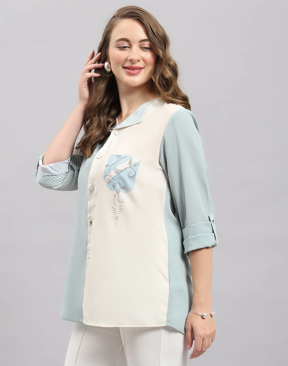 Women Blue Stripe Collar 3/4th Sleeve Top - Image 3