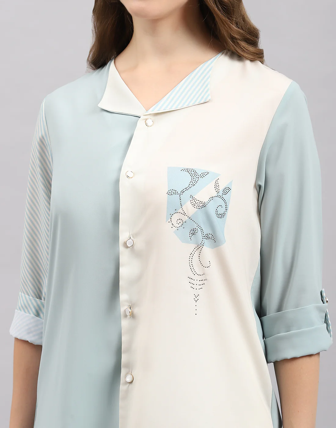 Women Blue Stripe Collar 3/4th Sleeve Top - Image 7