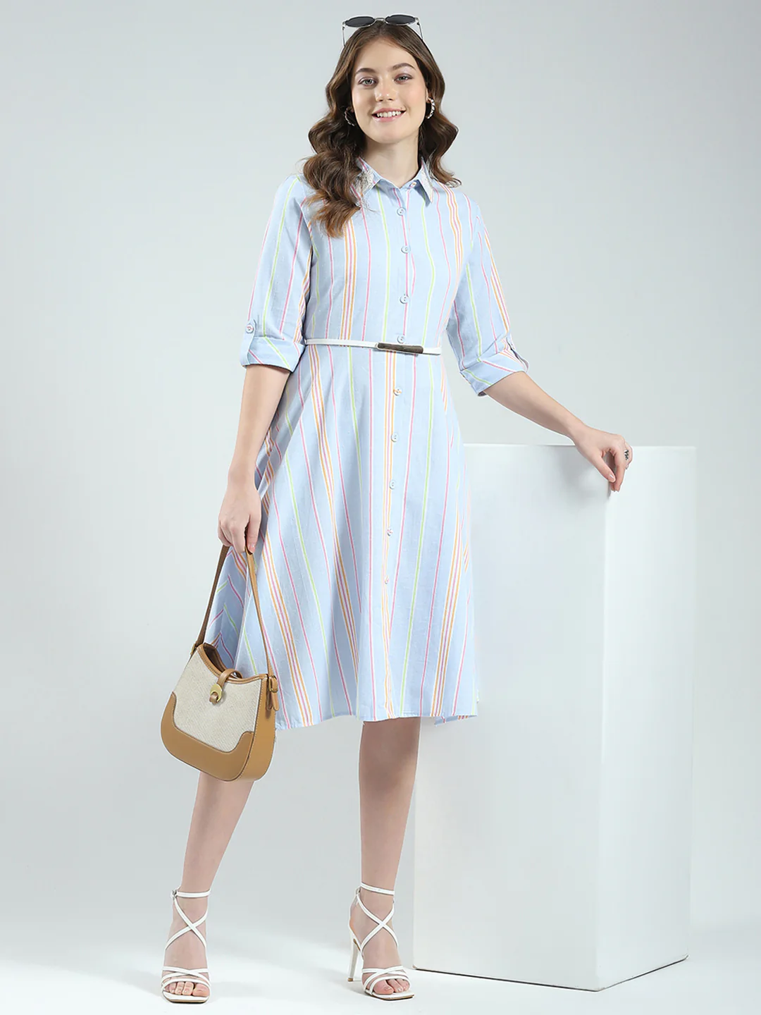 Women Blue Stripe Round Neck 3/4th Sleeve Dress - Image 3