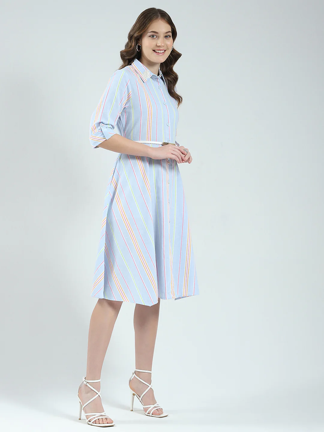 Women Blue Stripe Round Neck 3/4th Sleeve Dress - Image 5
