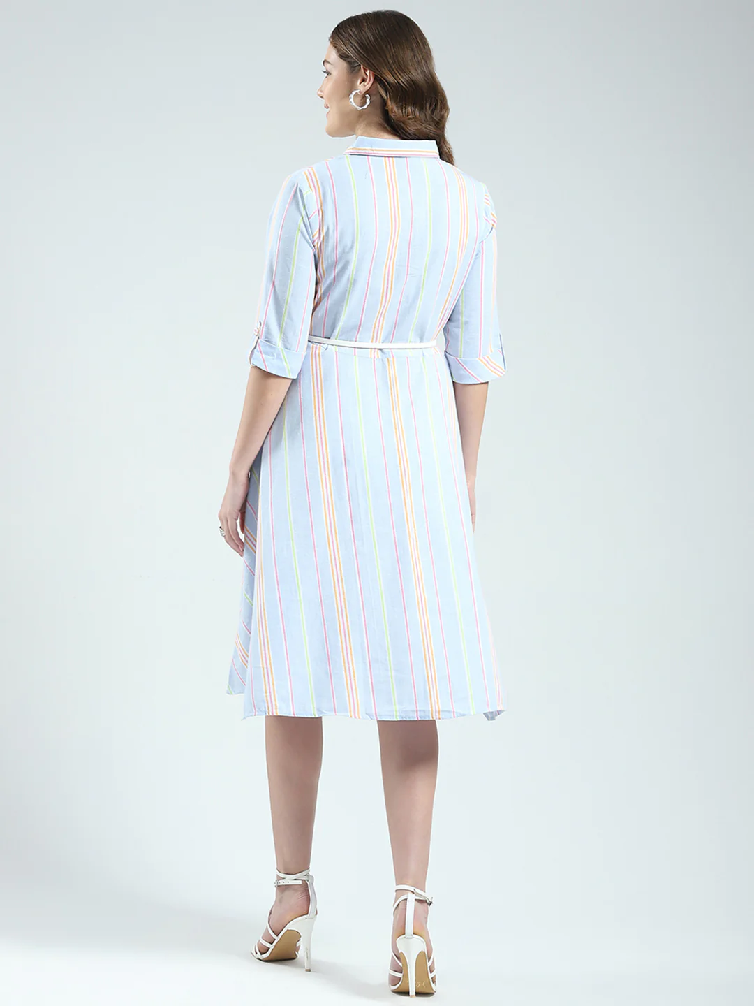 Women Blue Stripe Round Neck 3/4th Sleeve Dress - Image 6