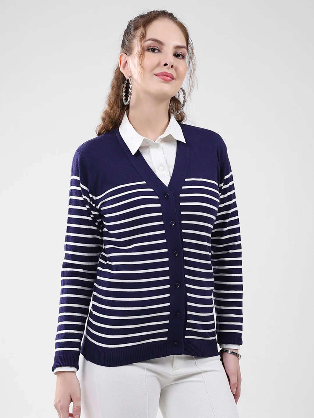 Women Blue Stripe V Neck Full Sleeve Cardigan - Image 4