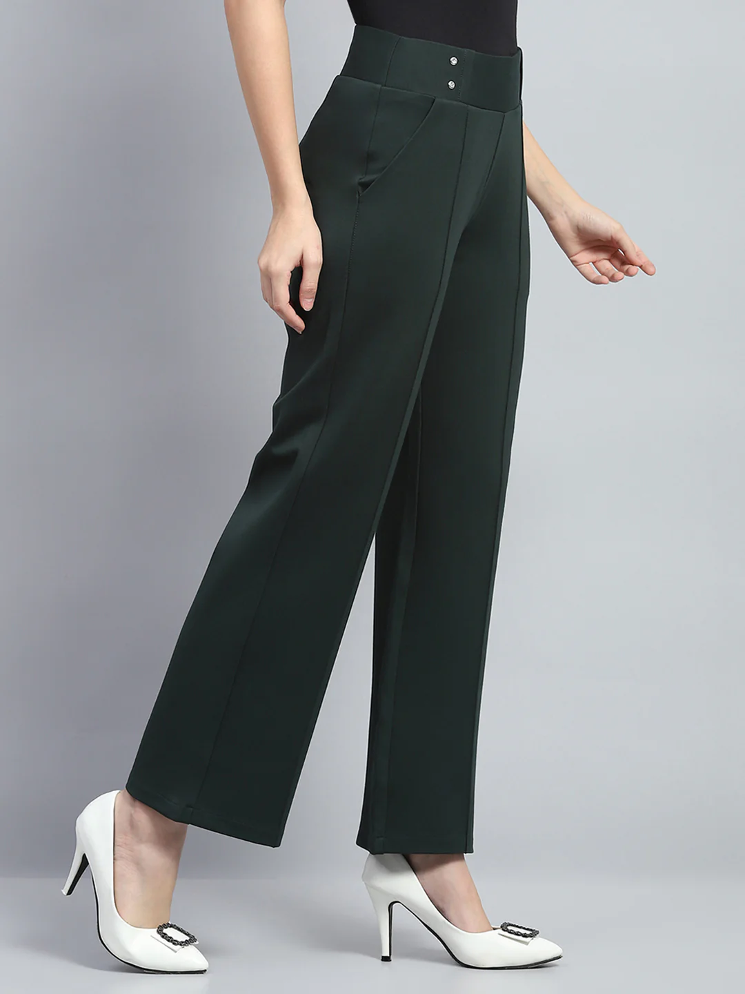 Women Bottle Green Solid Regular Fit Trouser - Image 4