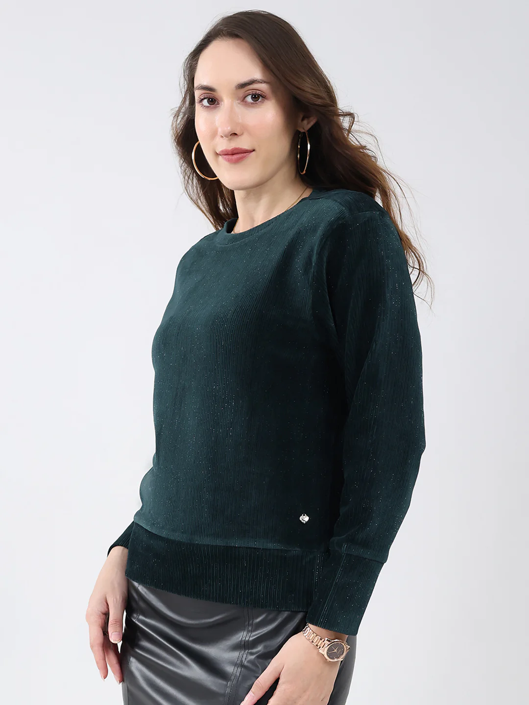 Women Bottle Green Solid Round Neck Full Sleeve Sweatshirt - Image 3