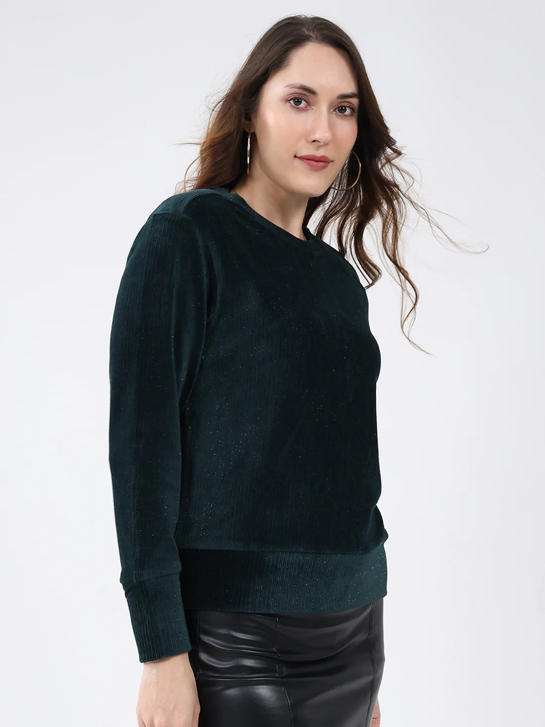 Women Bottle Green Solid Round Neck Full Sleeve Sweatshirt - Image 4
