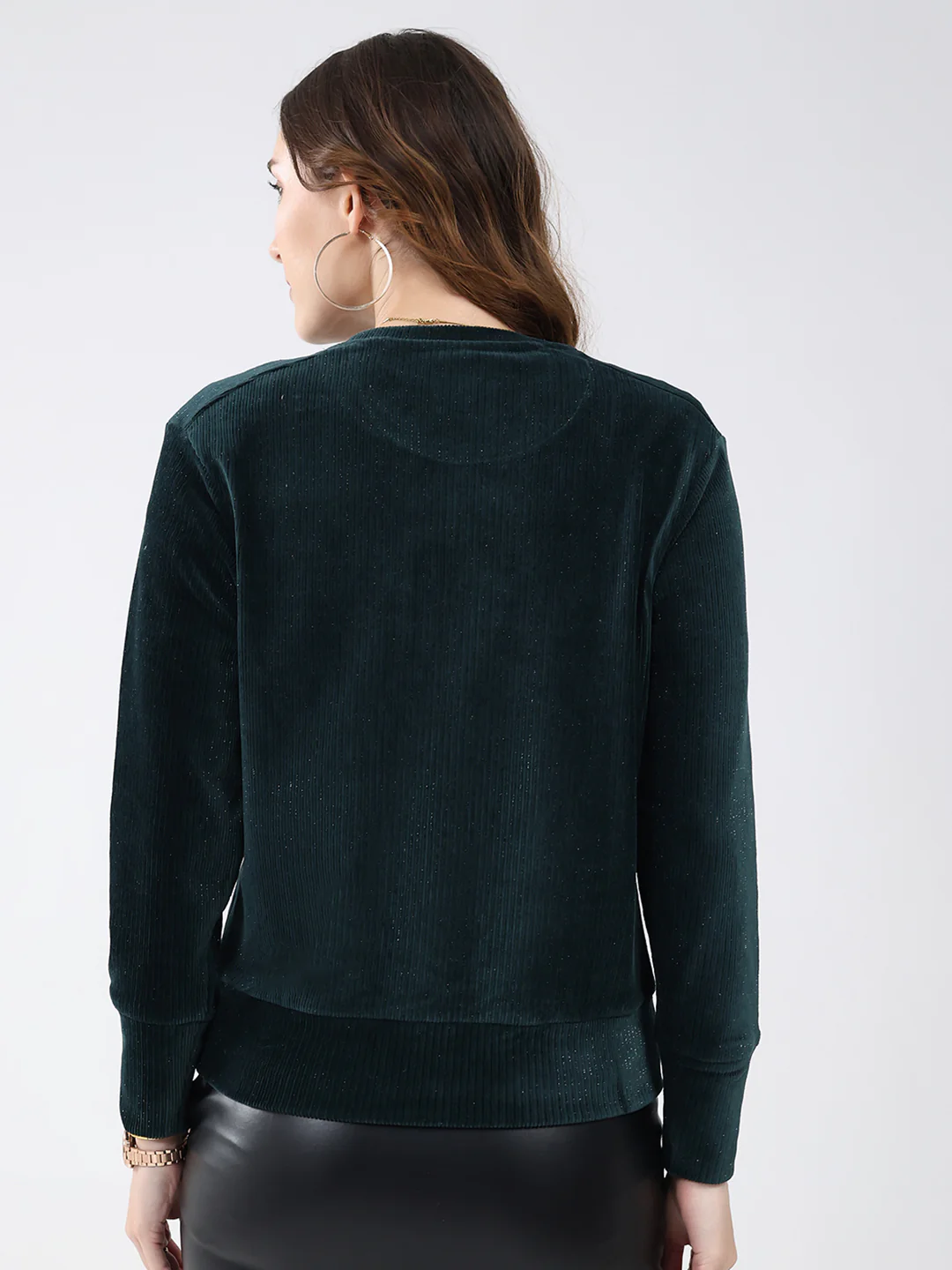 Women Bottle Green Solid Round Neck Full Sleeve Sweatshirt - Image 5