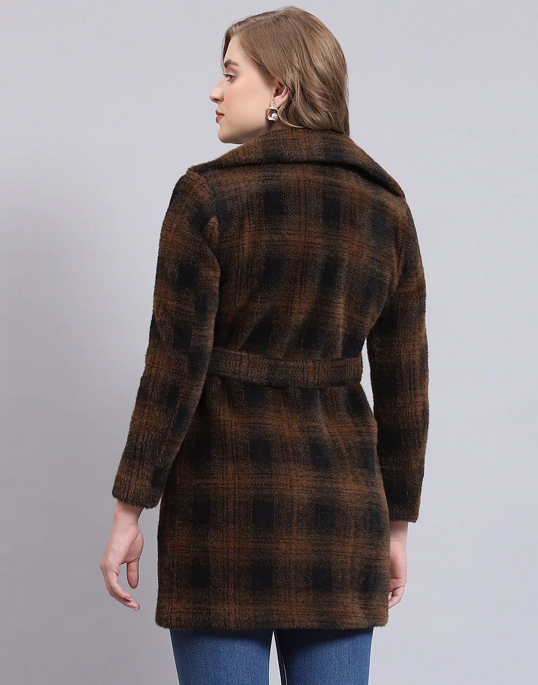 Women Brown Check Lapel Collar Full Sleeve Coat - Image 5