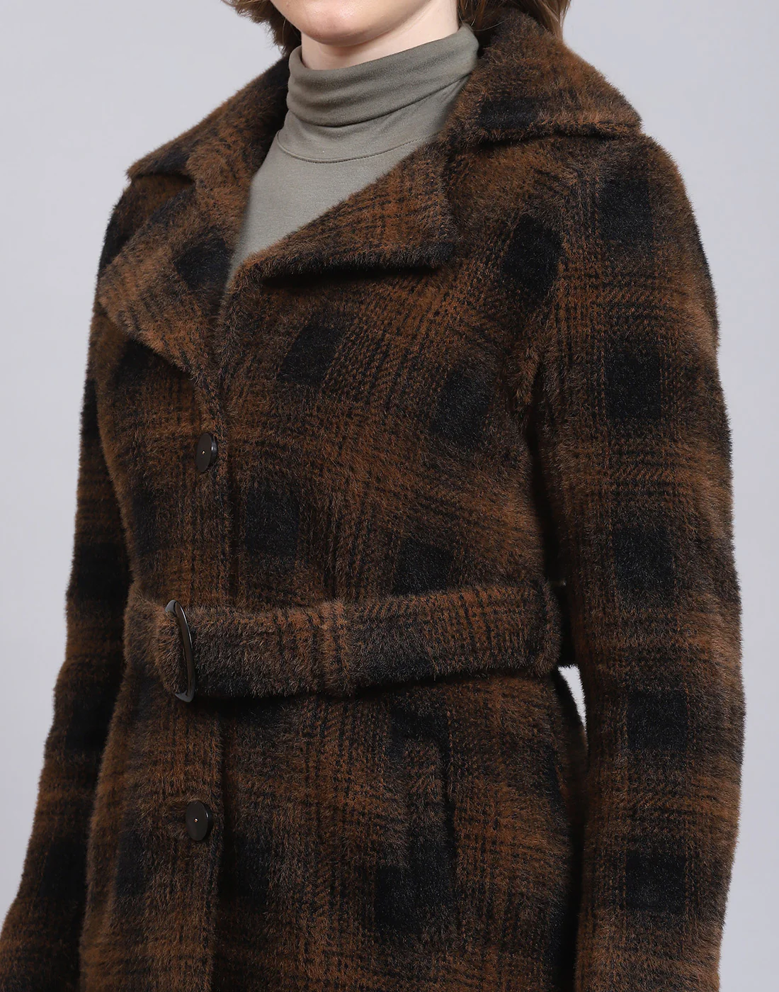 Women Brown Check Lapel Collar Full Sleeve Coat - Image 6