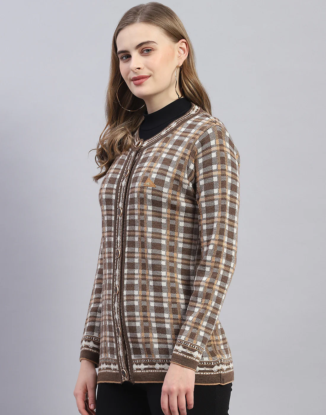 Women Brown Check Round Neck Full Sleeve Cardigan - Image 3