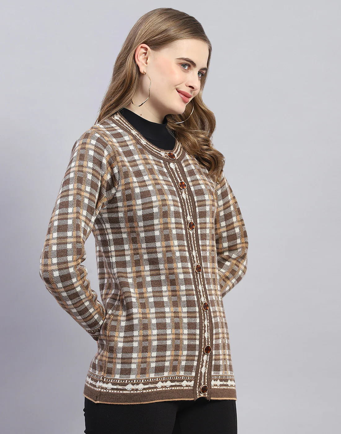 Women Brown Check Round Neck Full Sleeve Cardigan - Image 4