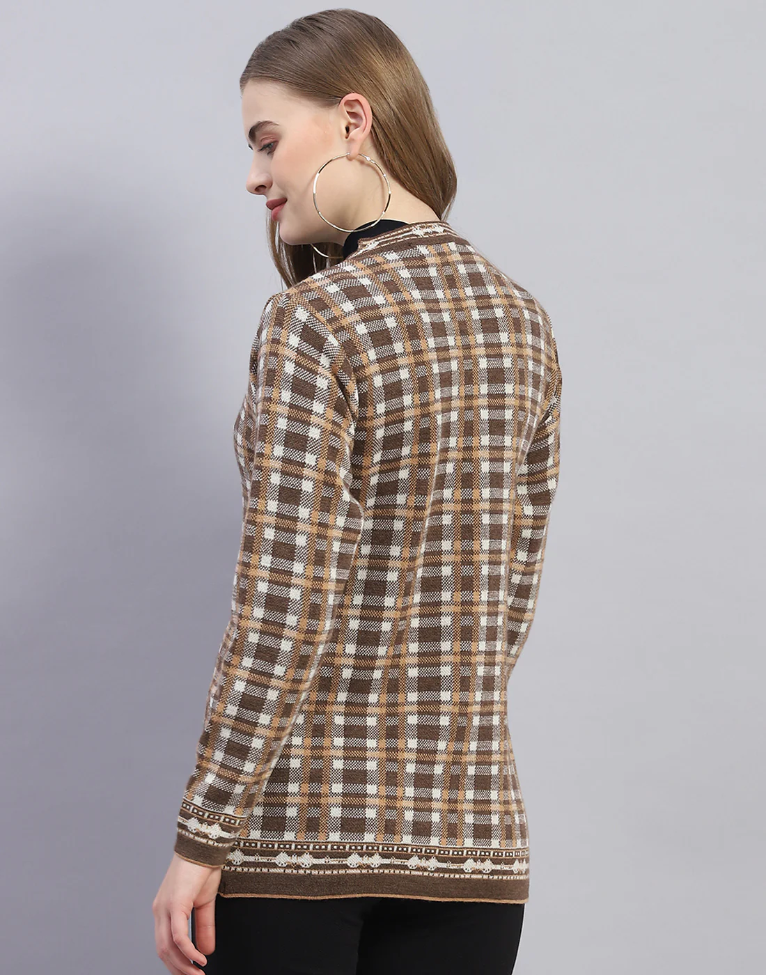 Women Brown Check Round Neck Full Sleeve Cardigan - Image 5