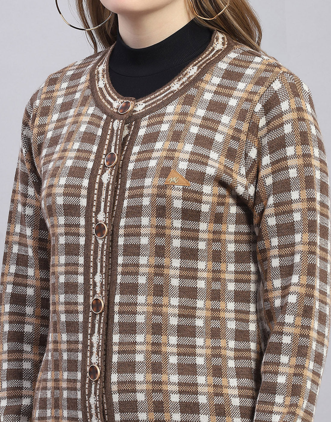 Women Brown Check Round Neck Full Sleeve Cardigan - Image 7