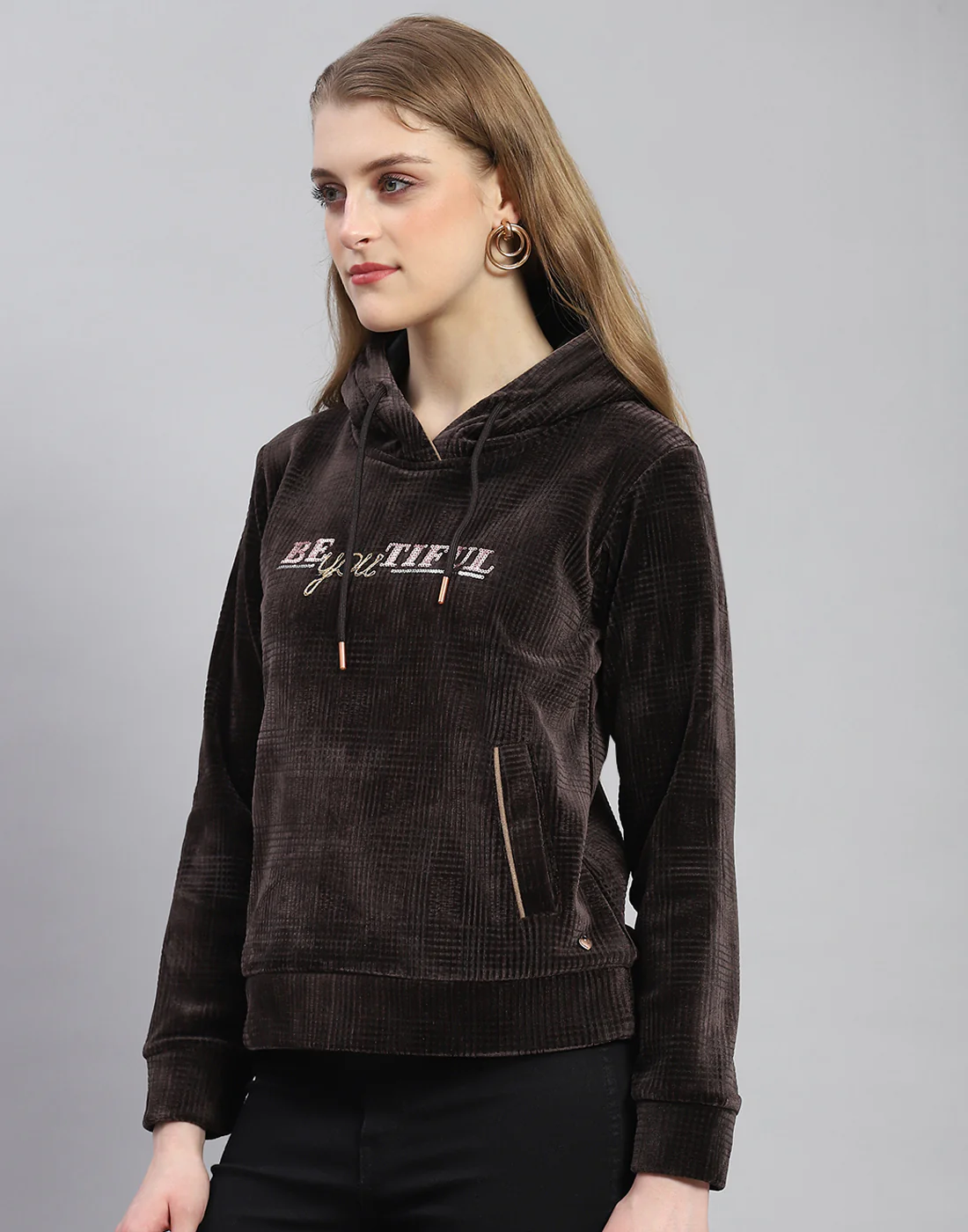 Women Brown Embroidered Hooded Full Sleeve Sweatshirt - Image 3