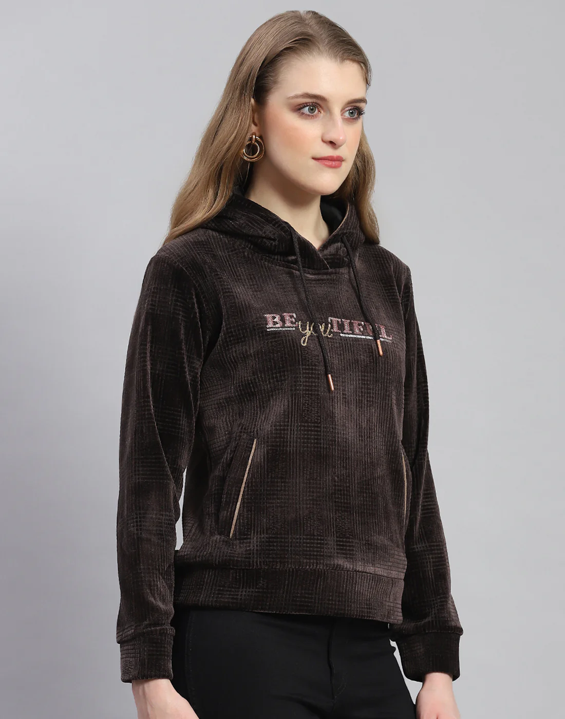 Women Brown Embroidered Hooded Full Sleeve Sweatshirt - Image 4