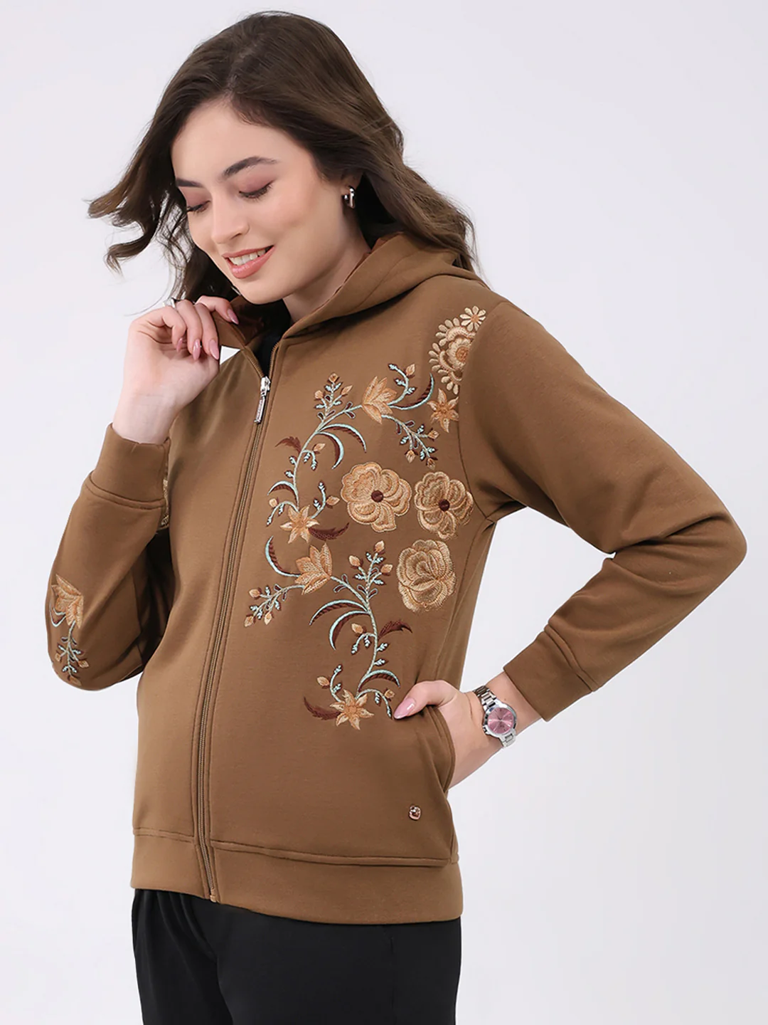Women Brown Embroidered Hooded Full Sleeve Sweatshirt - Image 3