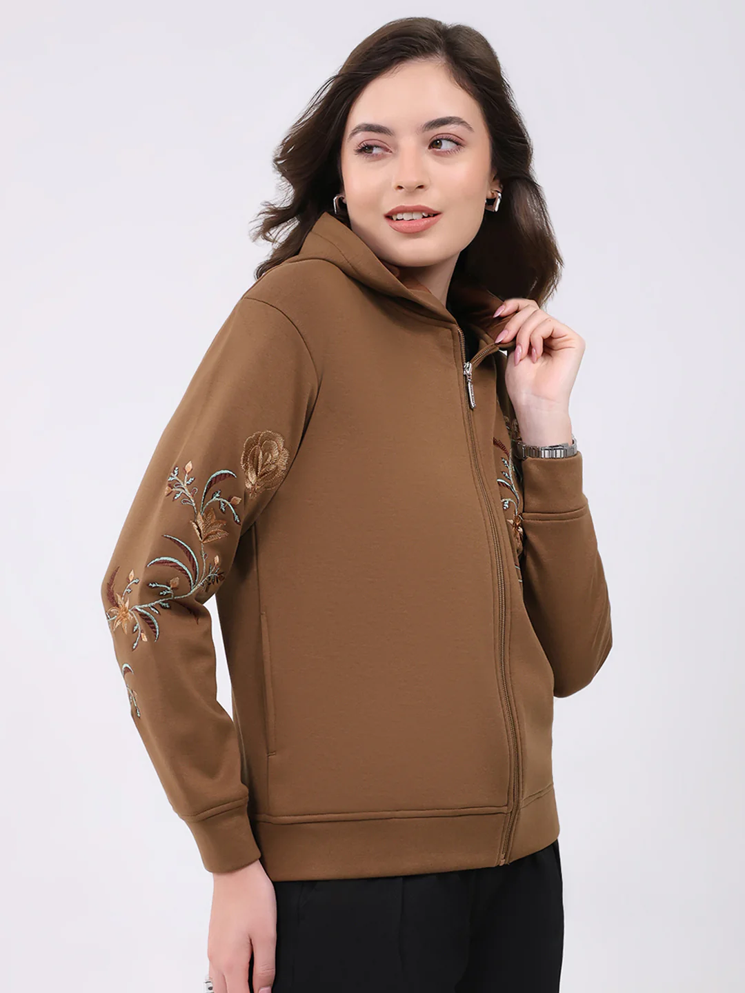 Women Brown Embroidered Hooded Full Sleeve Sweatshirt - Image 4