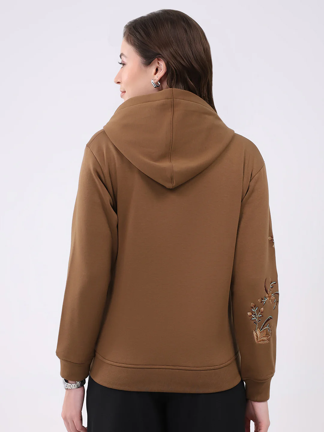 Women Brown Embroidered Hooded Full Sleeve Sweatshirt - Image 5
