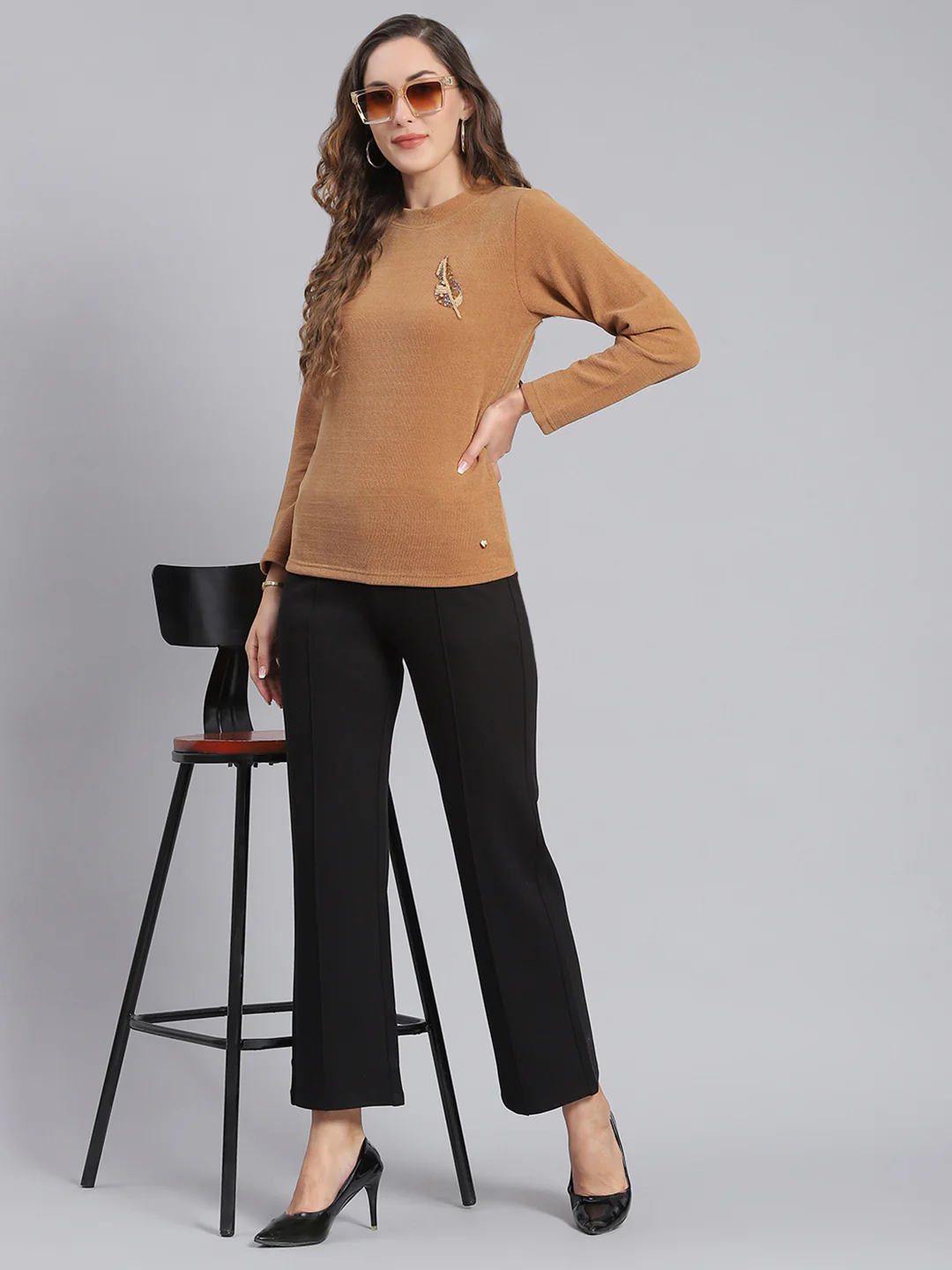Women Brown Embroidered Round Neck Full Sleeve Sweater - Image 2