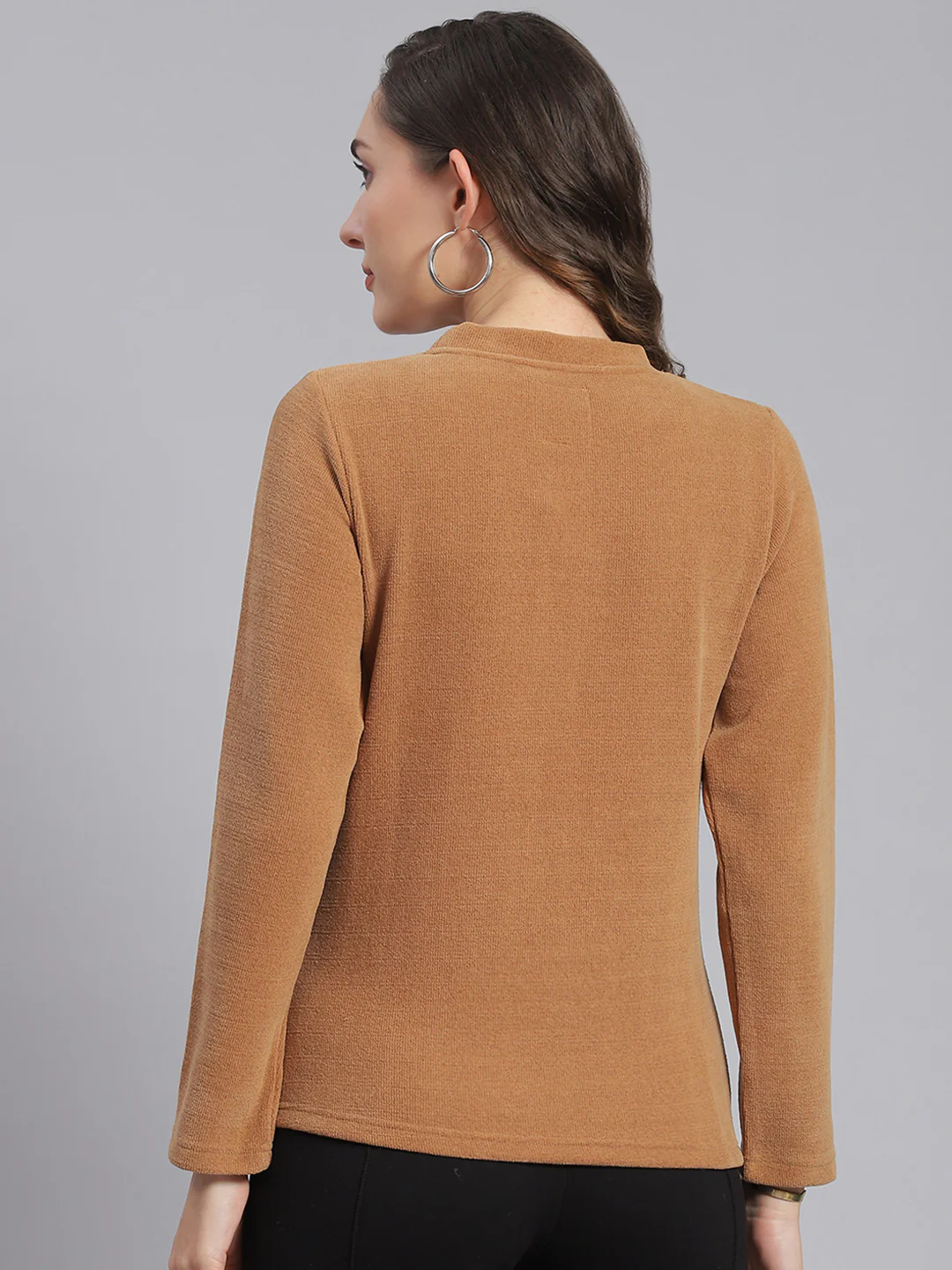 Women Brown Embroidered Round Neck Full Sleeve Sweater - Image 5