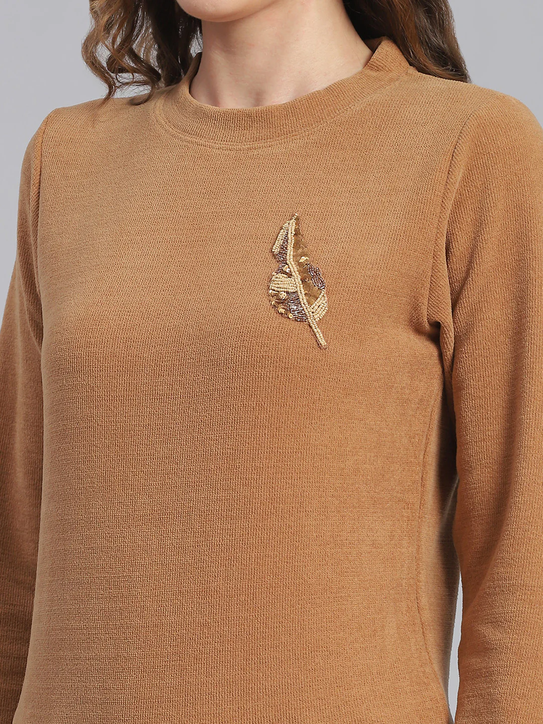Women Brown Embroidered Round Neck Full Sleeve Sweater - Image 6
