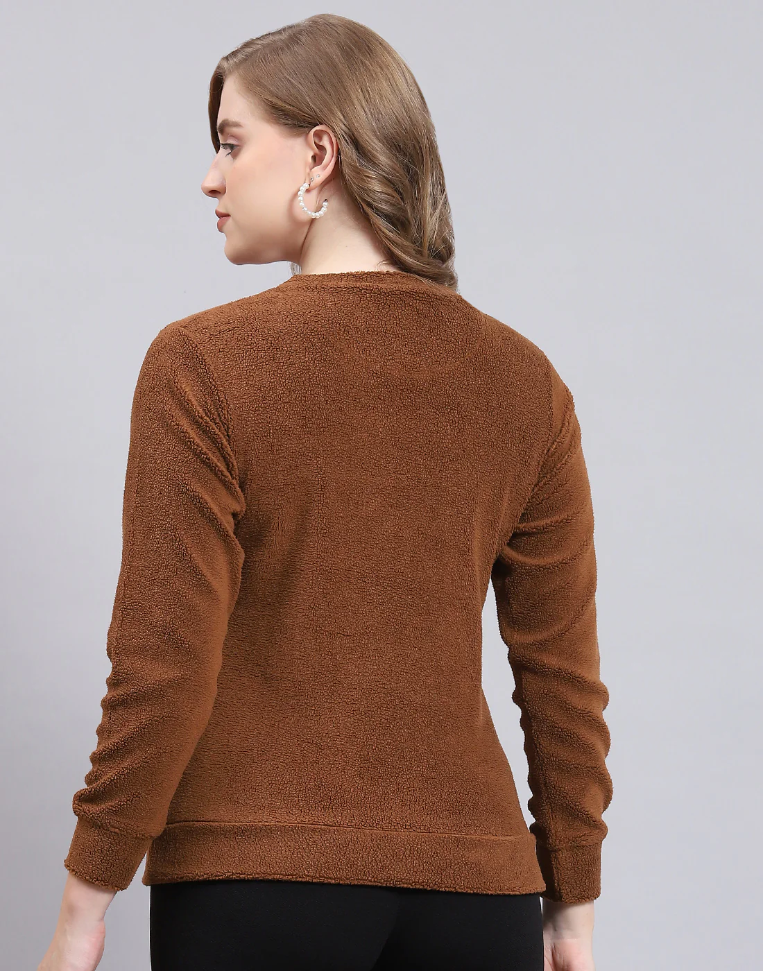 Women Brown Embroidered Round Neck Full Sleeve Sweatshirt - Image 5