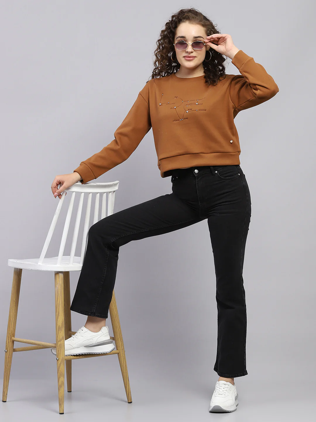 Women Brown Embroidered Round Neck Full Sleeve Sweatshirt - Image 2