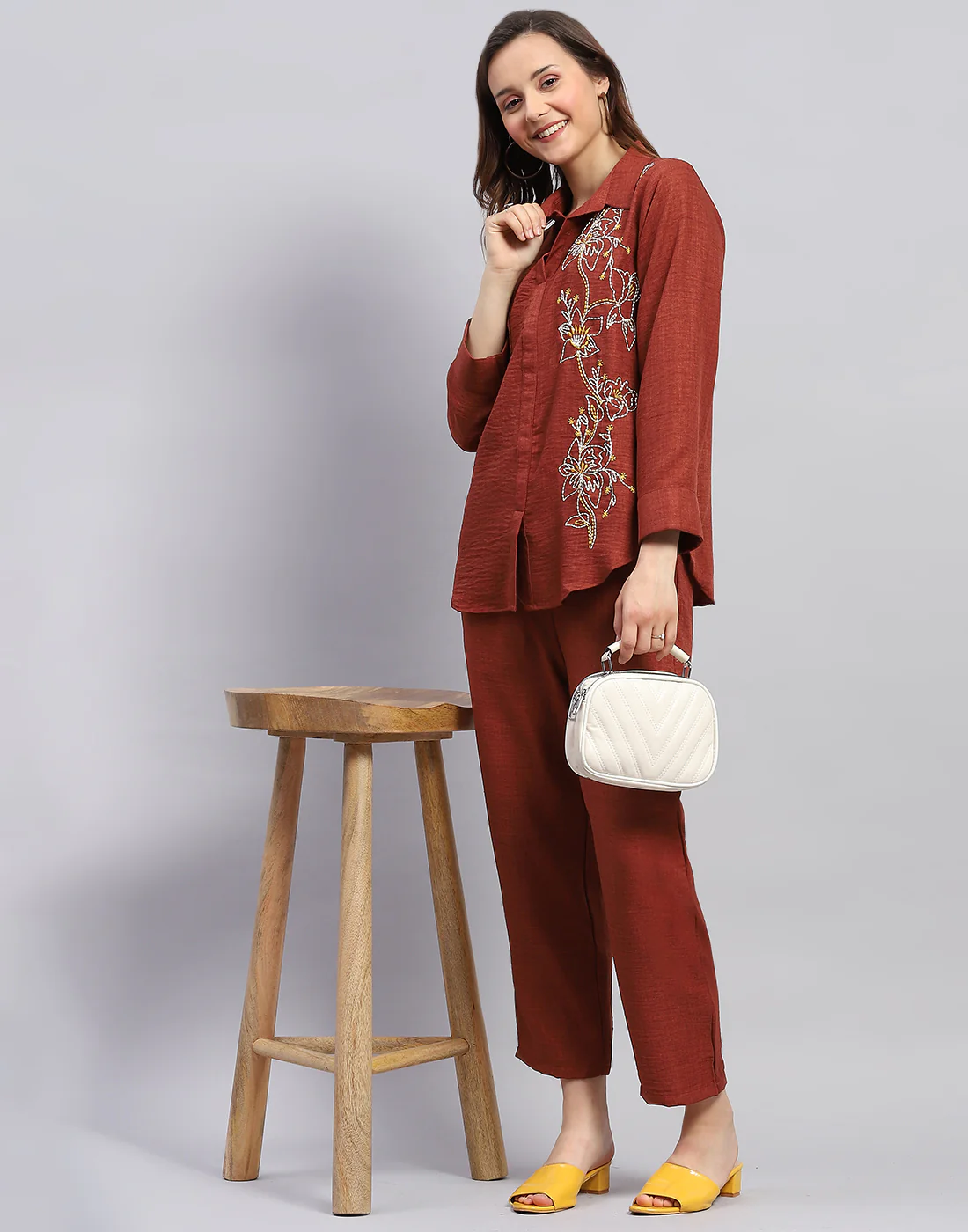 Women Brown Floral Print Collar Neck Full Sleeve Cords Set - Image 2