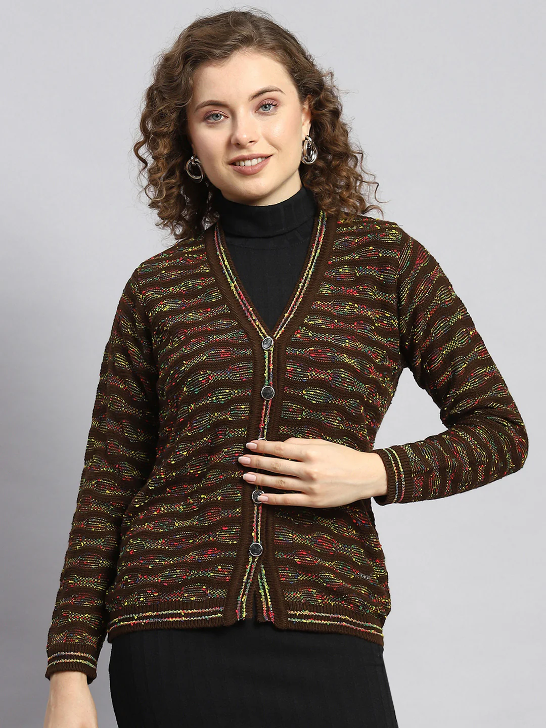 Women Brown Jaquard Cardigan - Image 2