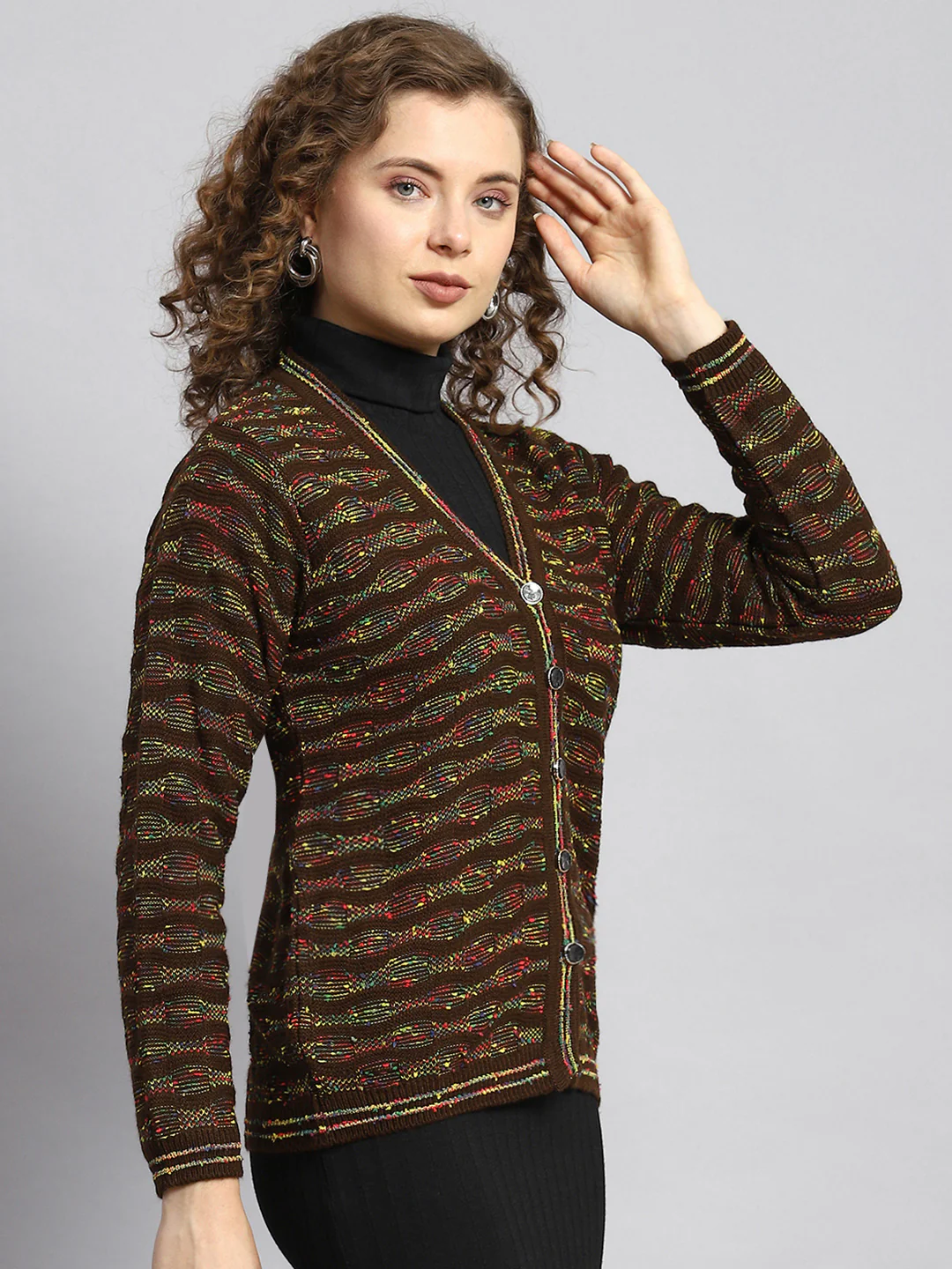 Women Brown Jaquard Cardigan - Image 3