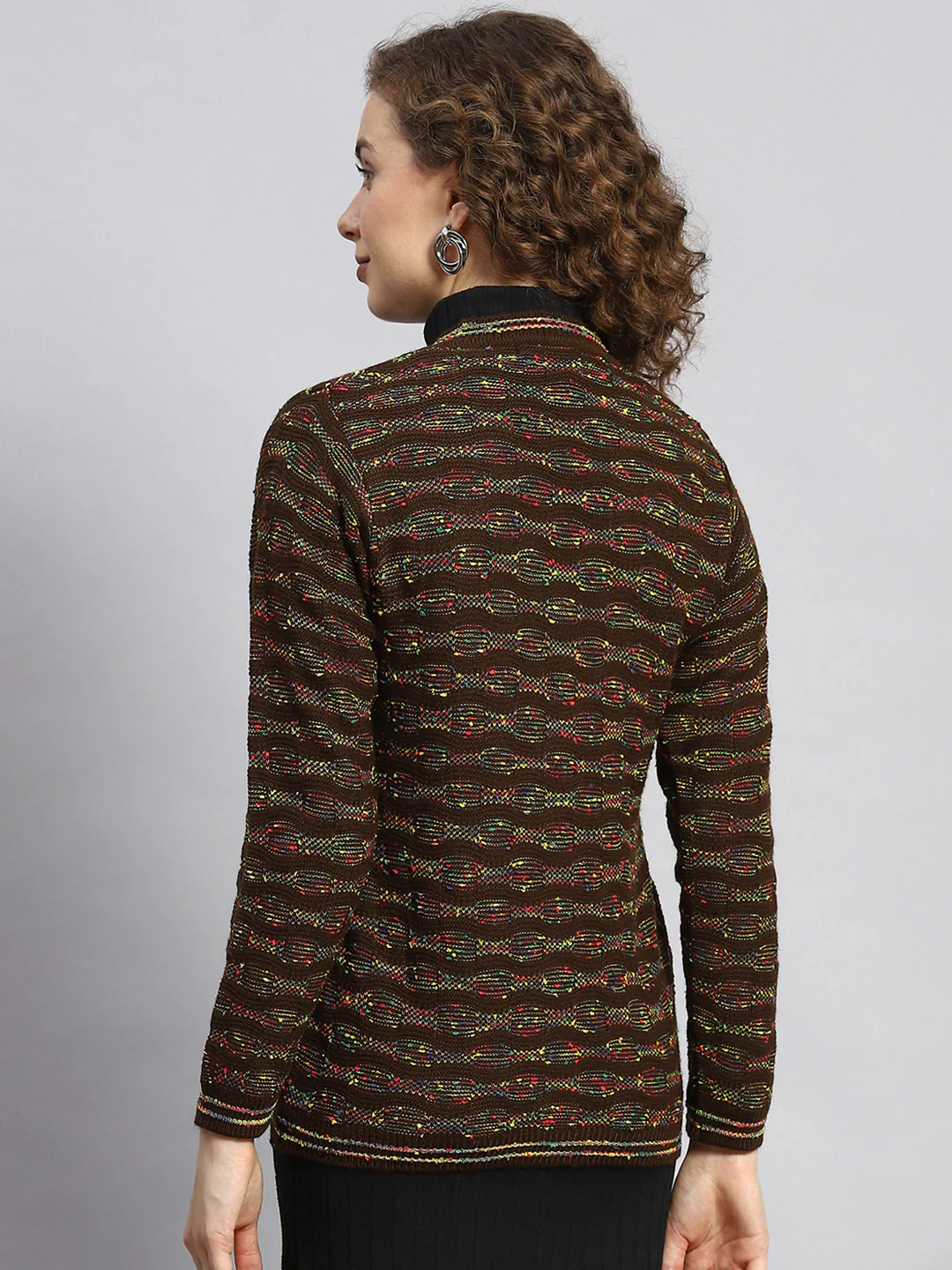 Women Brown Jaquard Cardigan - Image 5