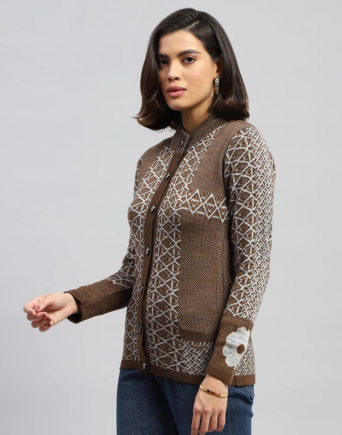 Women Brown Jaquard Round Neck Full Sleeve Cardigan - Image 4