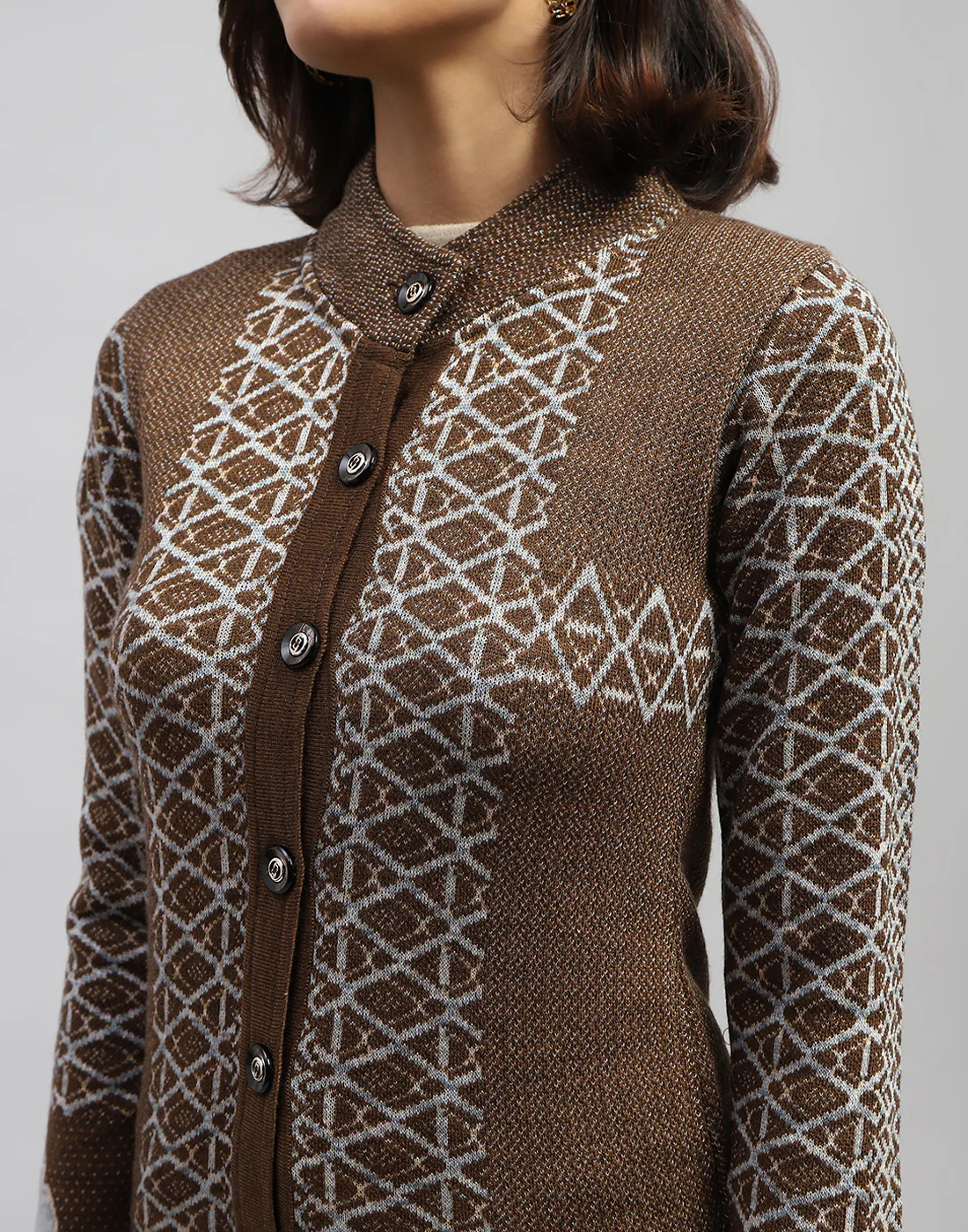Women Brown Jaquard Round Neck Full Sleeve Cardigan - Image 7