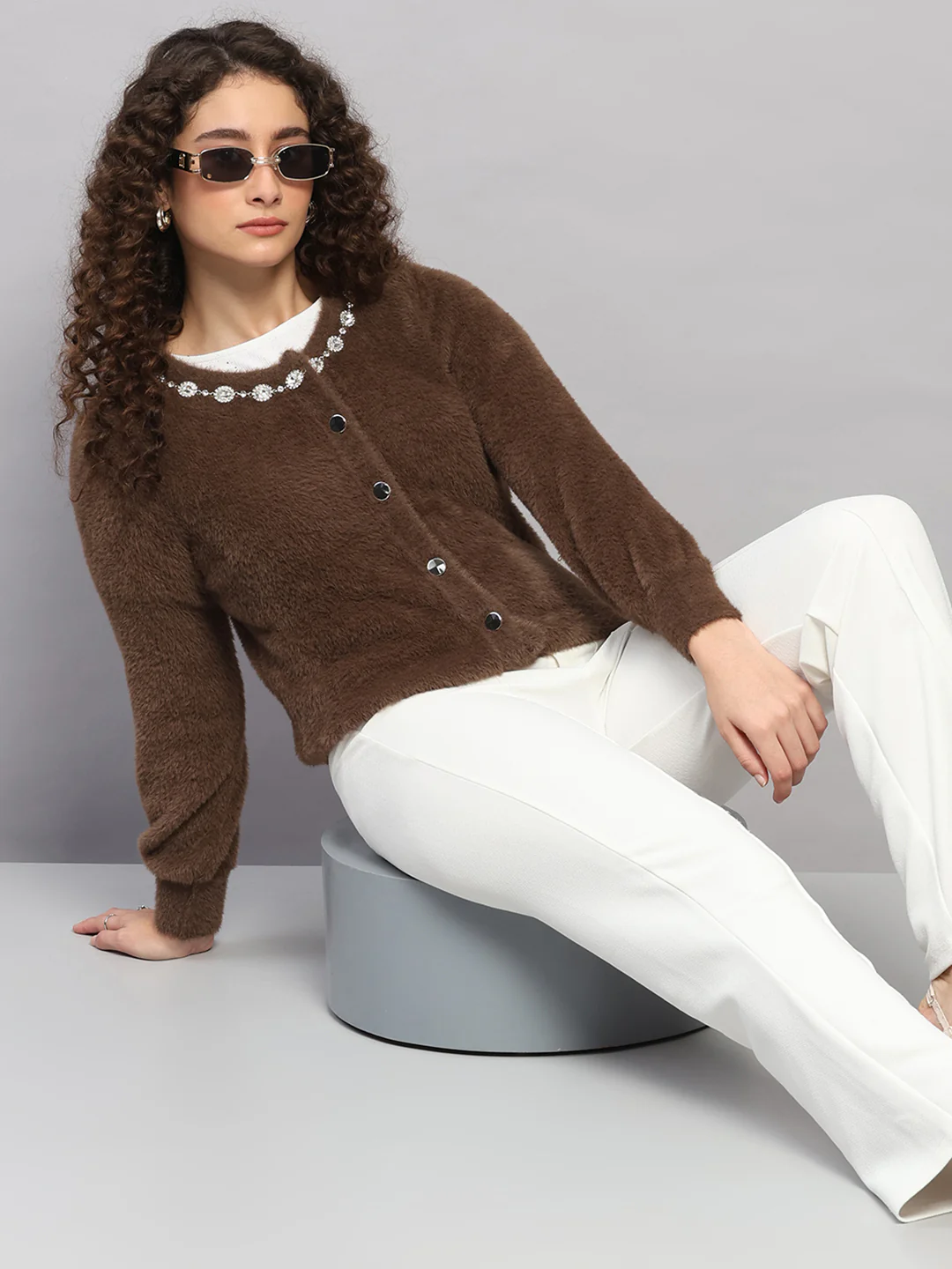 Women Brown Jaquard Round Neck Full Sleeve Cardigan - Image 2