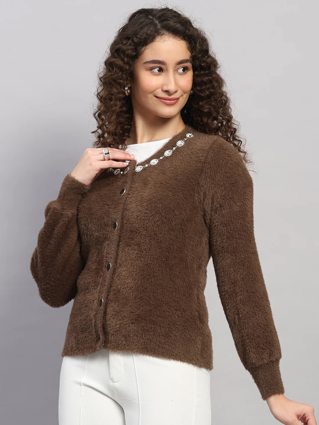 Women Brown Jaquard Round Neck Full Sleeve Cardigan - Image 3