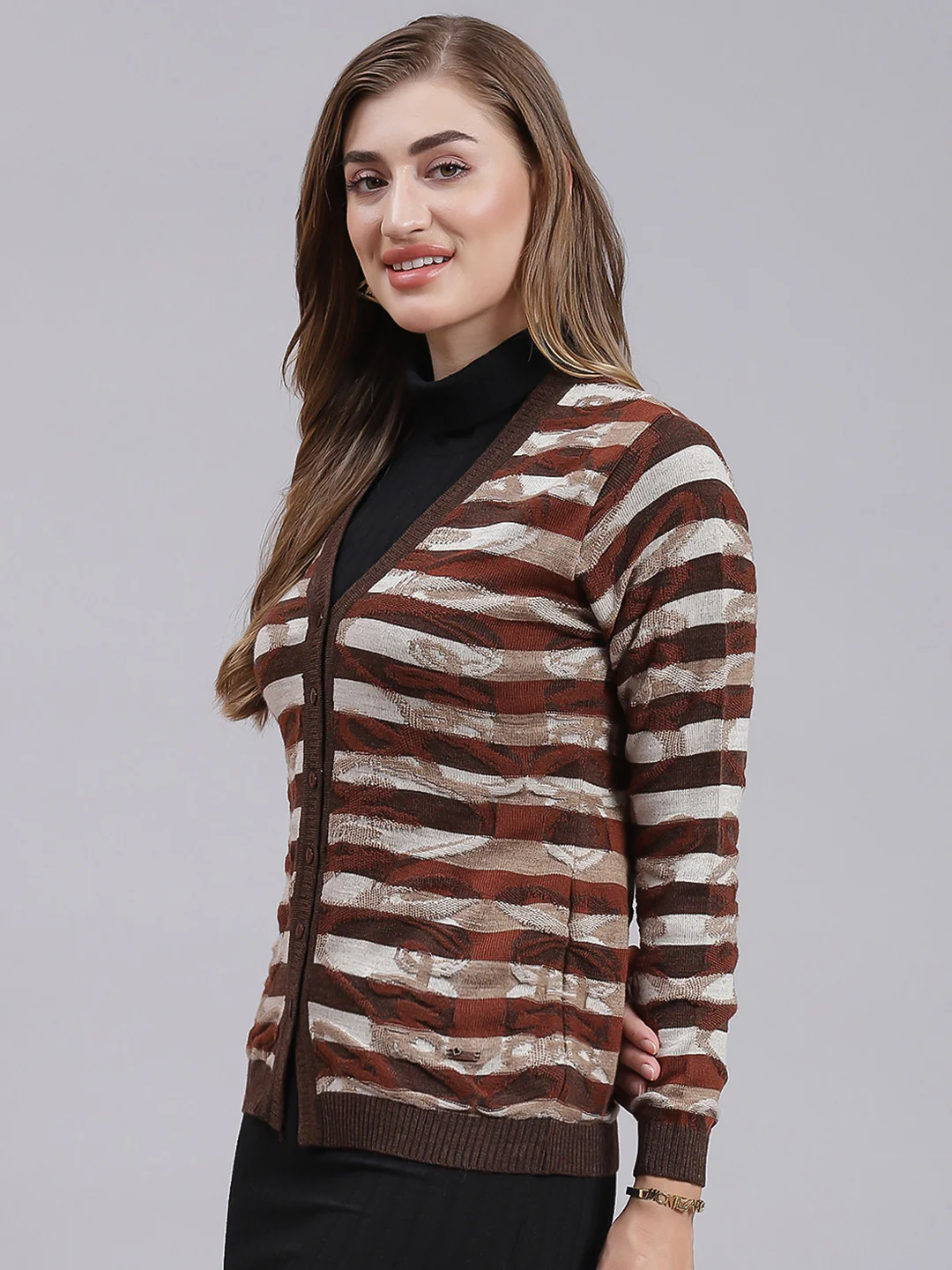 Women Brown Jaquard Wool blend Cardigan - Image 4