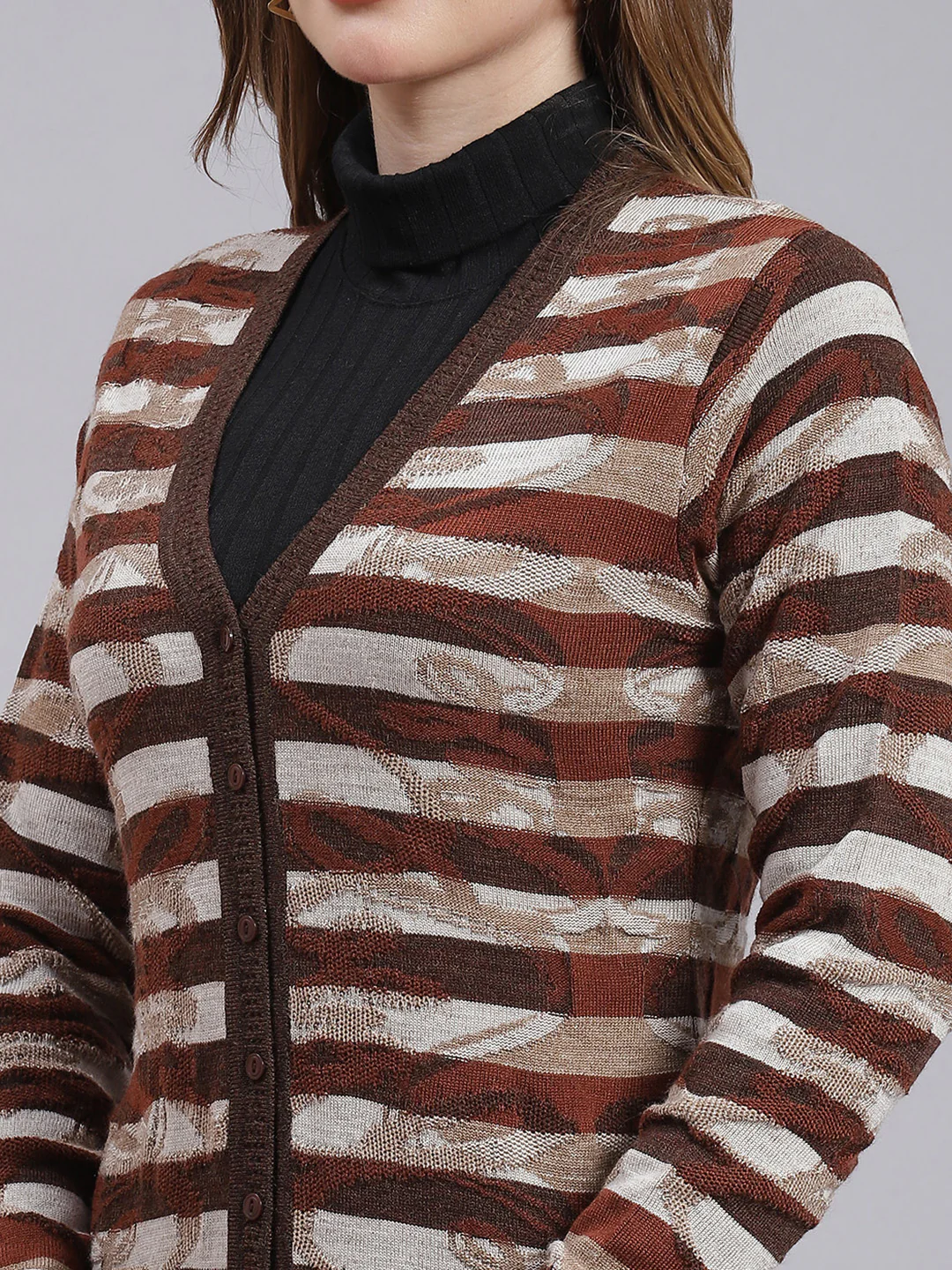 Women Brown Jaquard Wool blend Cardigan - Image 6