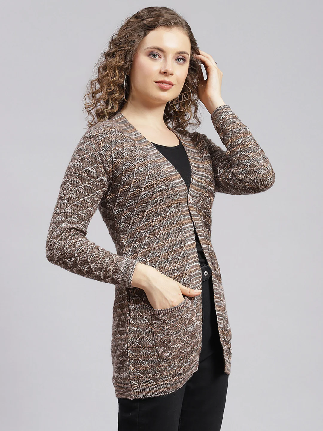 Women Brown Jaquard Wool blend Cardigan - Image 3