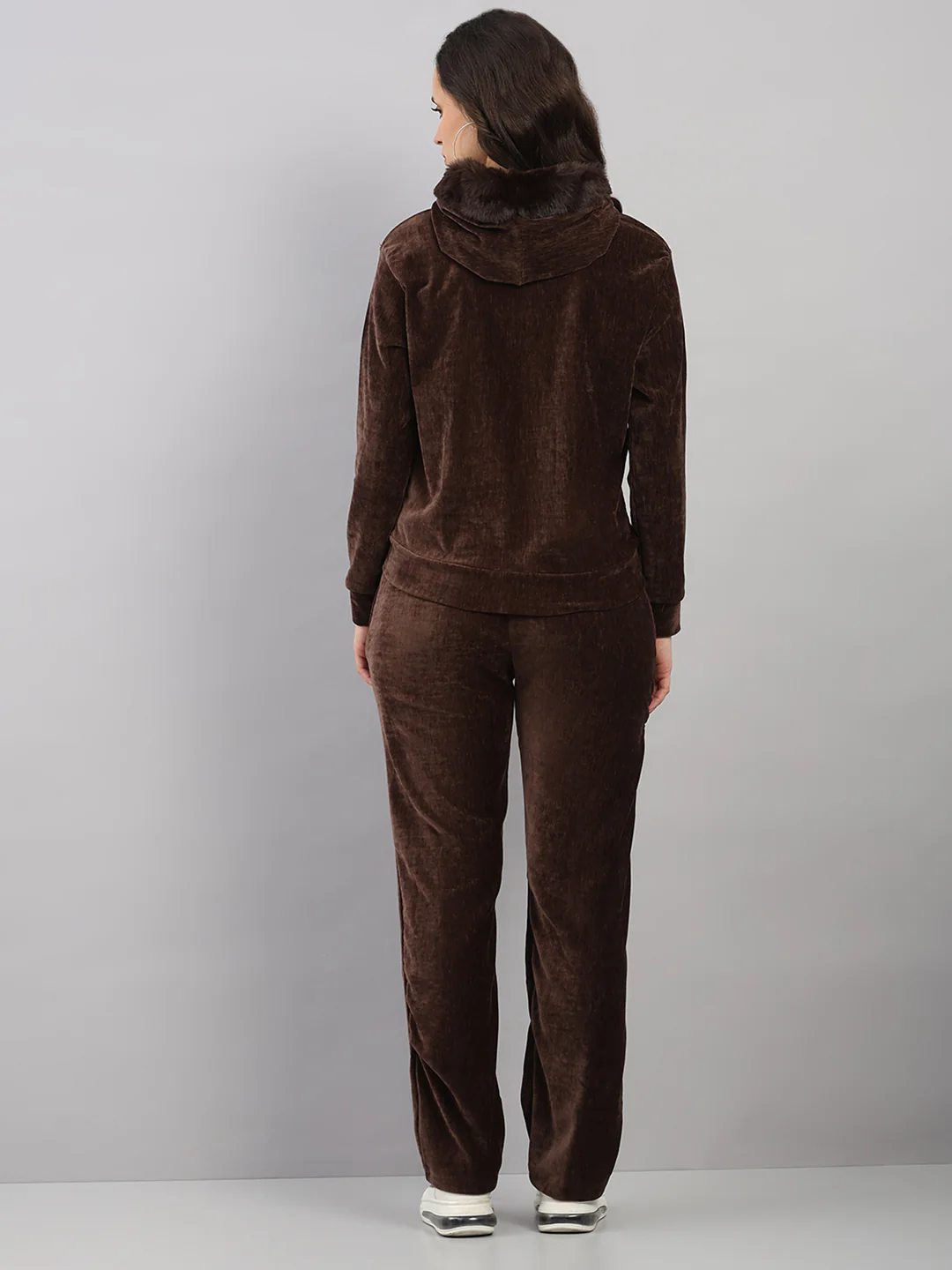 Women Brown Polka Dots Hooded Full Sleeve Winter Tracksuit - Image 5