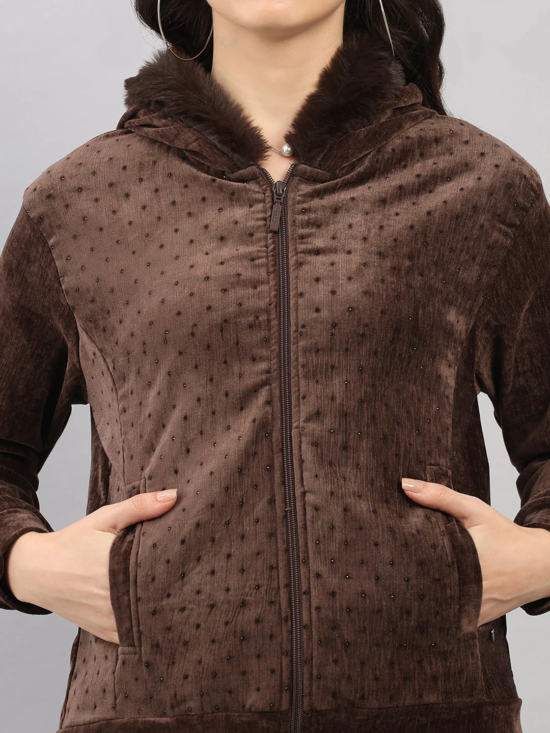 Women Brown Polka Dots Hooded Full Sleeve Winter Tracksuit - Image 7