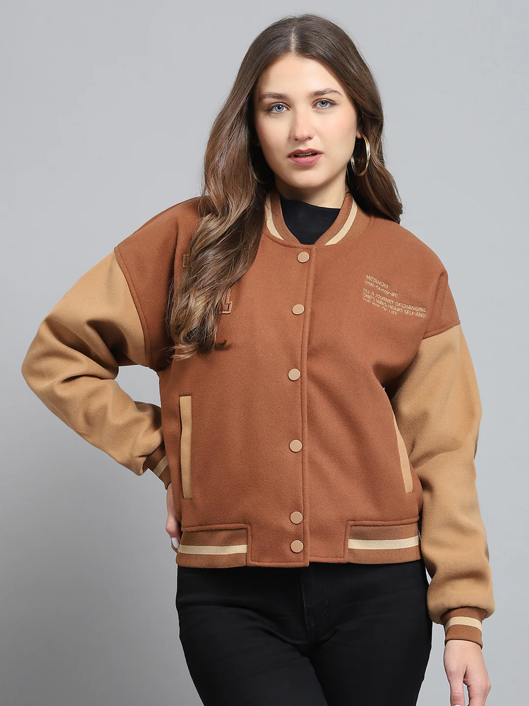 Rock.it Women Brown Printed Band Collar Full Sleeve Jacket