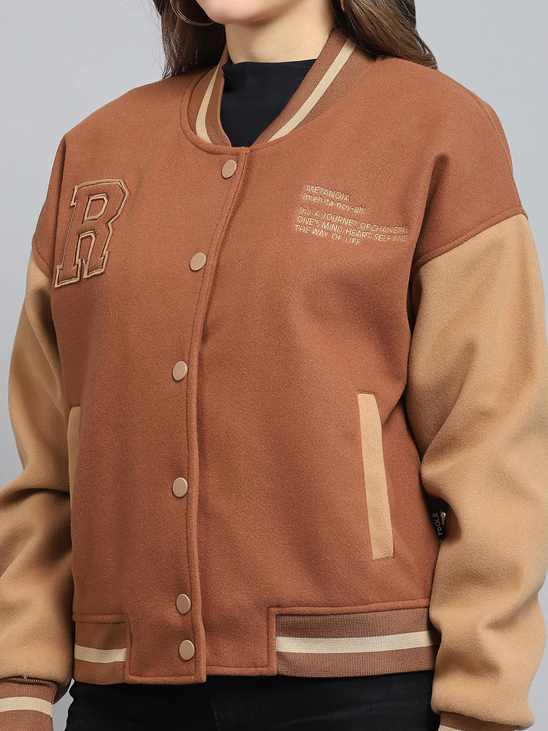 Rock.it Women Brown Printed Band Collar Full Sleeve Jacket - Image 7