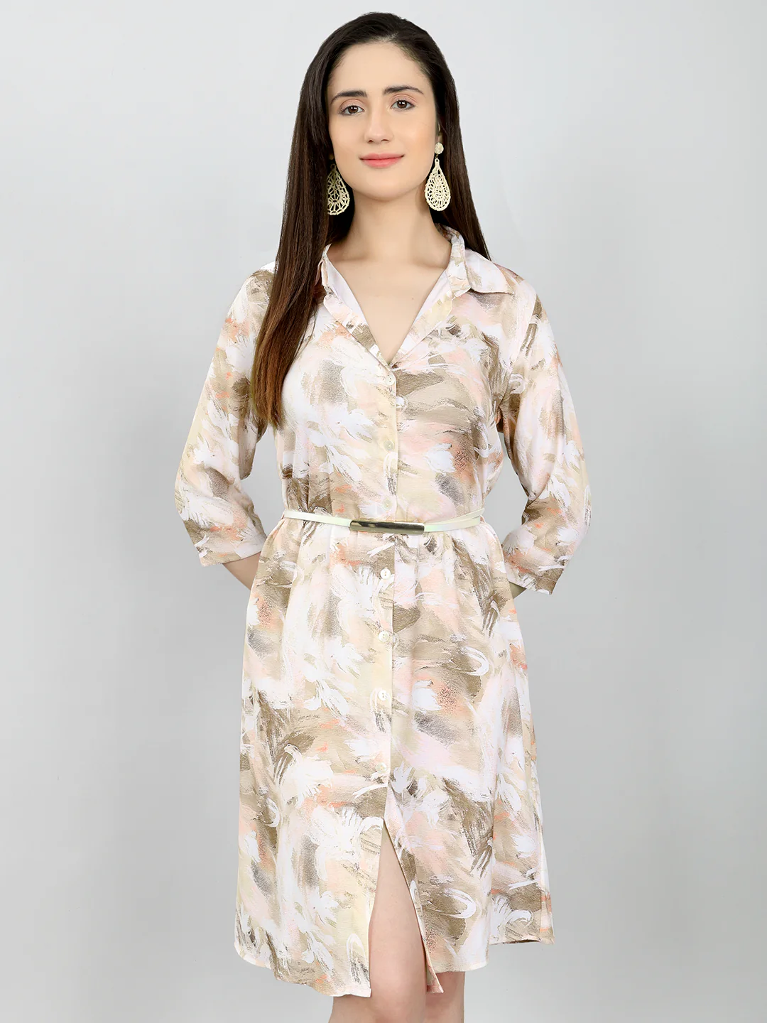 Women Brown Printed Collar 3/4th Sleeve Tunic