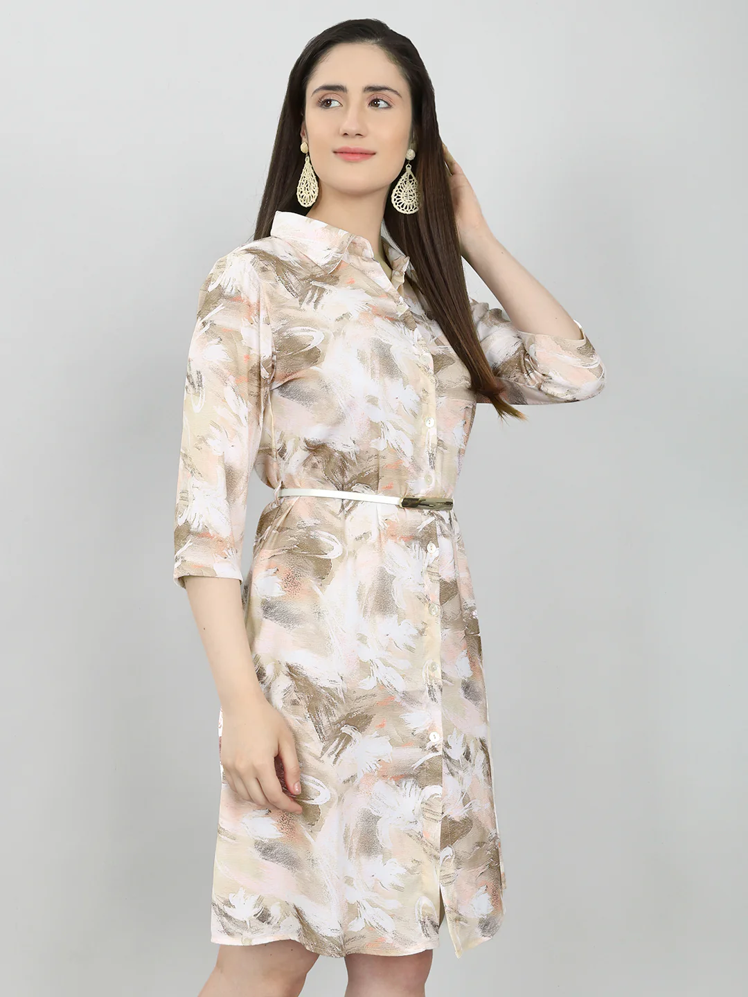 Women Brown Printed Collar 3/4th Sleeve Tunic - Image 3