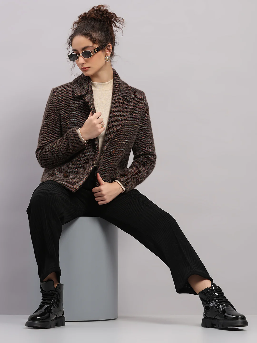 Women Brown Printed Collar Full Sleeve Coat - Image 2