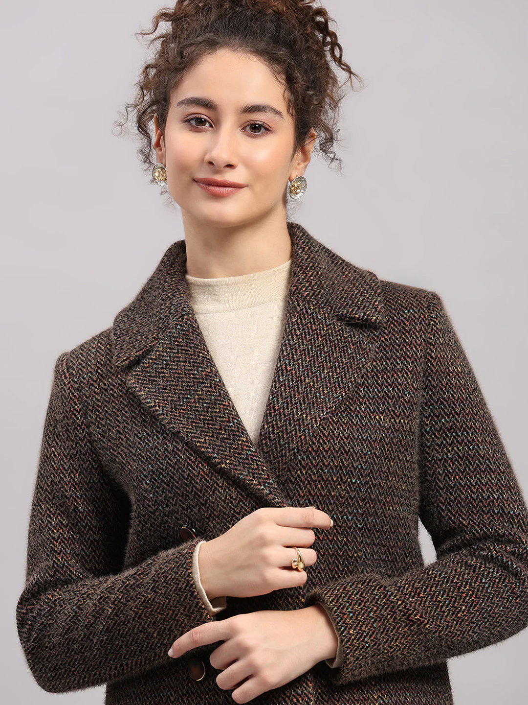 Women Brown Printed Collar Full Sleeve Coat - Image 7