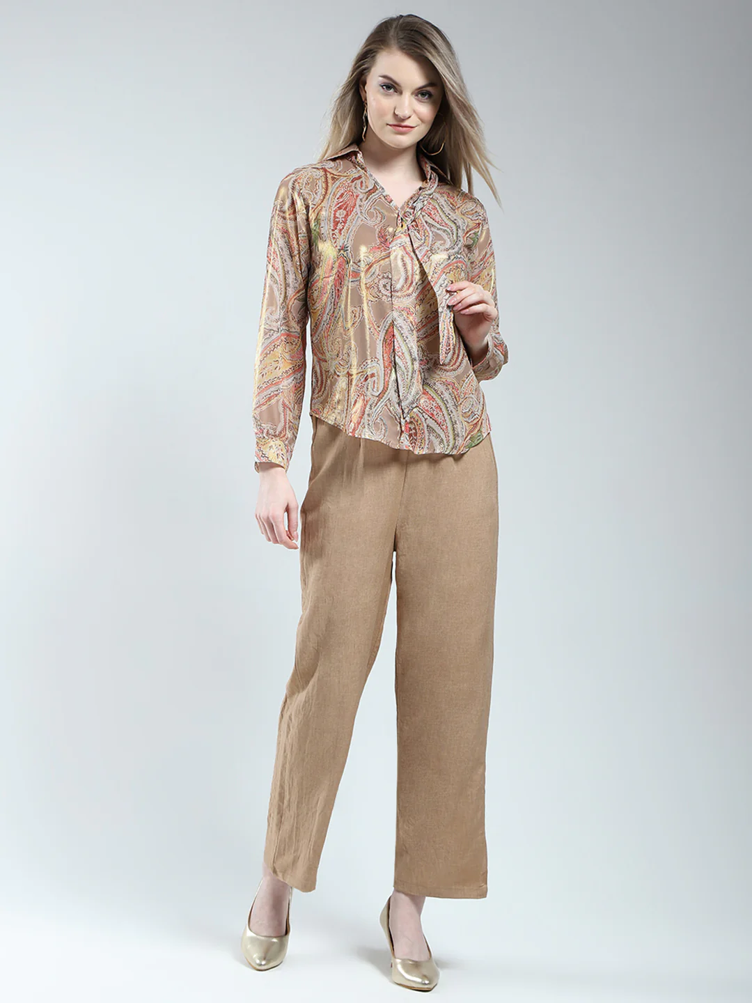 Women Brown Printed Collar Full Sleeve Cords Set - Image 2